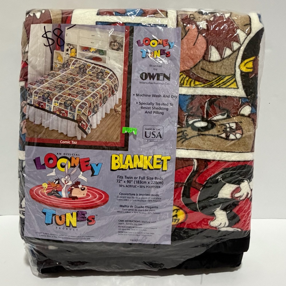 Vintage 1996 Looney Tunes Taz Comic Strip Blanket Owen Twin Full 72x90 USA Made